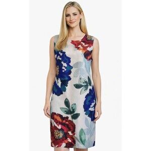 Calvin Klein Sz 14 Floral Dress Midi Sleeveless Zip Up Blue Red Sheath Womens